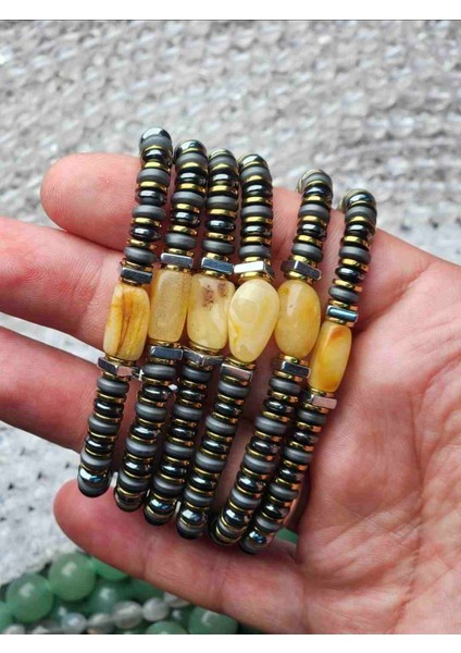 Damla Kehribar Erkek Bilekliği Hematit Taş Tasarımlı fiyatları