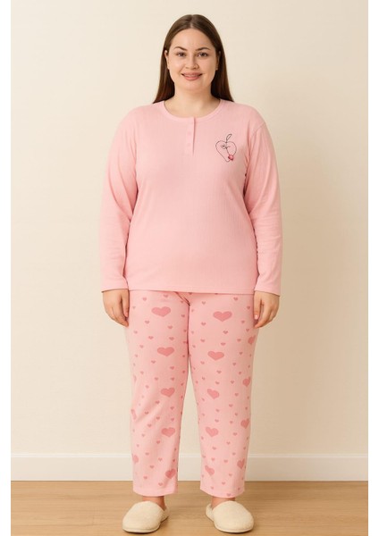 Kadın 0110 Büyük Beden Raporlu Kalın Kışlık Pijama Takımı Pembe