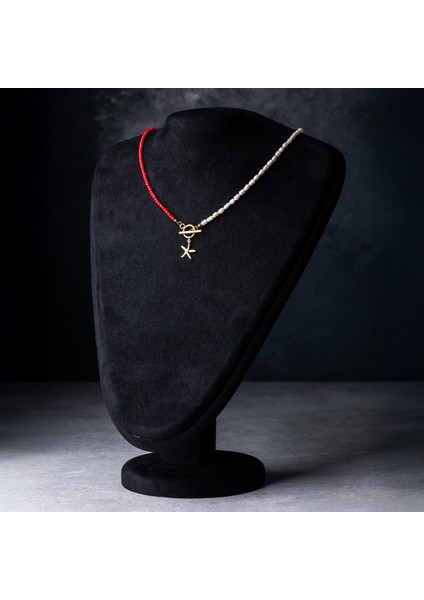 Inci ve Kırmızı Mercan Doğal Taş Kadın Kolye