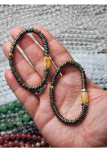 Damla Kehribar Erkek Bilekliği Hematit Taş Tasarımlı modelleri