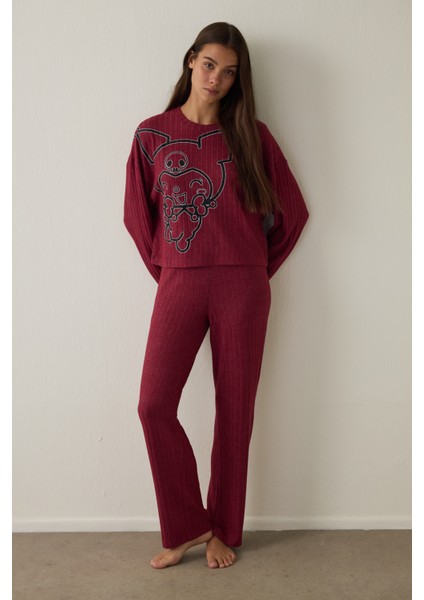 Bordo Kuromi Baskılı Uzun Kollu Pijama Takımı fiyatları