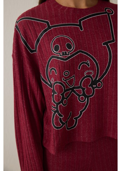 Bordo Kuromi Baskılı Uzun Kollu Pijama Takımı modelleri