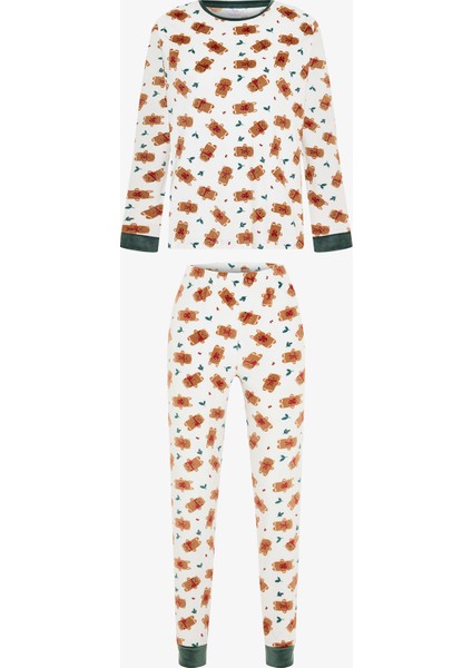 Kırık Beyaz Gingerbread Bisiklet Yaka Uzun Kollu Pijama Takımı