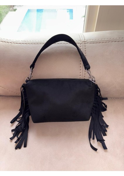 Siyah Süet Püsküllü Mini Baget Kadın Çanta (20X14)