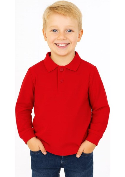 Çocuk Unisex Uzun Kollu Polo Yaka Tshirt Kırmızı Okul 10-13 Yaş