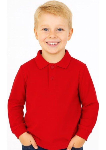 Çocuk Unisex Uzun Kollu Polo Yaka Tshirt Kırmızı Okul 10-13 Yaş modelleri