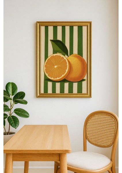 Retro Çizgili Portakal Illüstrasyonlu Dekoratif Duvar Tablosu (Çerçeveli)