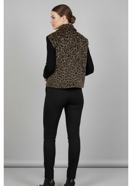 Kadın Leopar Desenli Gold Düğme Detaylı Cepli Şık Yelek modelleri