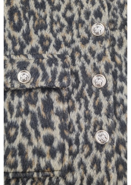 Kadın Leopar Desenli Gold Düğme Detaylı Cepli Şık Yelek