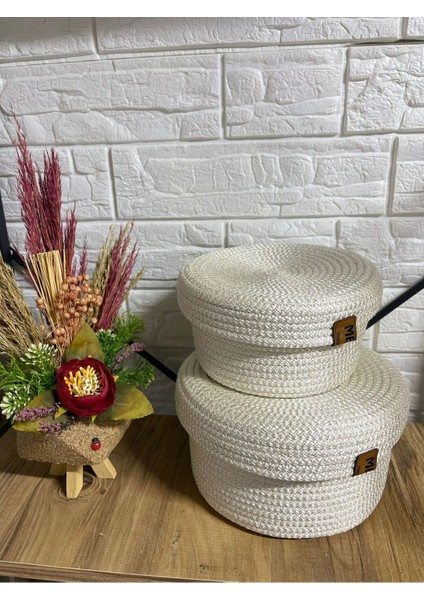 Polyester Ipinden Krem Hasır Sepet Takımı - 2'li Hasır Düzenleyici Set -Krem Organizer