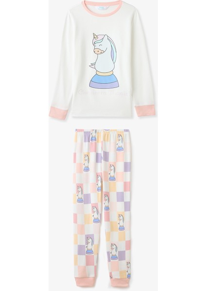 Kırık Beyaz Kız Çocuk Chessicorn Unicorn Desenliuzun Kollu Pijama Takımı