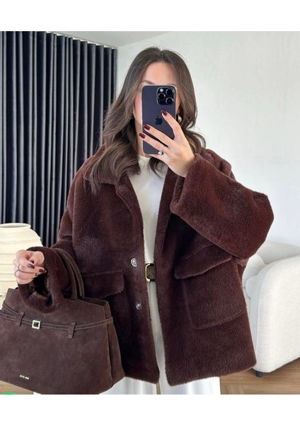 Kadın Kahverengi Torba Cepli Peluş Ceket