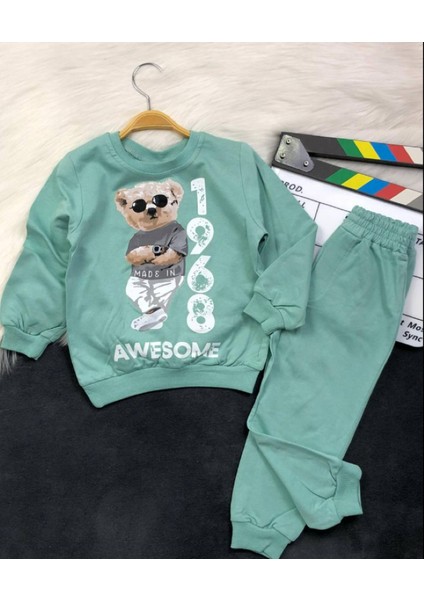 3-6 Yaş Ayıcık Baskılı Pamuklu Bisiklet Yaka Çocuk Eşofman Takımı | Mevsimlik