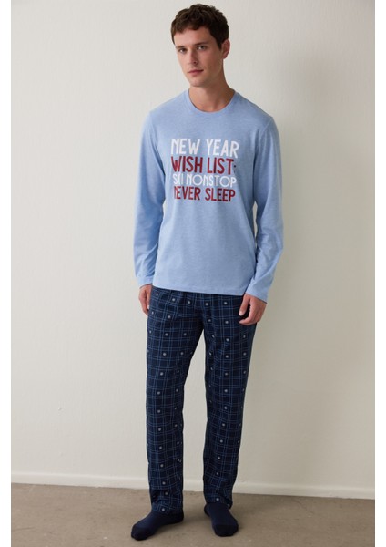 Erkek List Geometrik Desenli Bisiklet Yaka Pamuklu 2'li Pijama Takımı