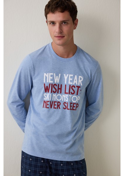 Erkek List Geometrik Desenli Bisiklet Yaka Pamuklu 2'li Pijama Takımı modelleri