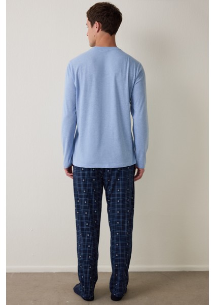 Erkek List Geometrik Desenli Bisiklet Yaka Pamuklu 2'li Pijama Takımı