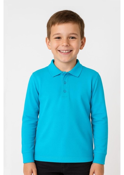 Çocuk Unisex Uzun Kollu Polo Yaka Tshirt Turkuaz Okul 10-13 Yaş modelleri
