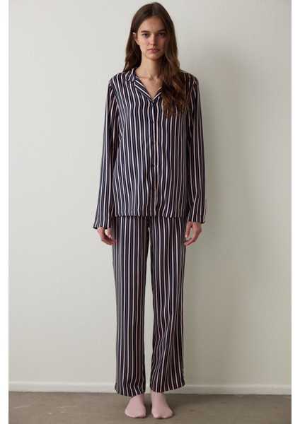 Lacivert Çizgili Gömlek Yaka Uzun Kollu Pijama Takımı