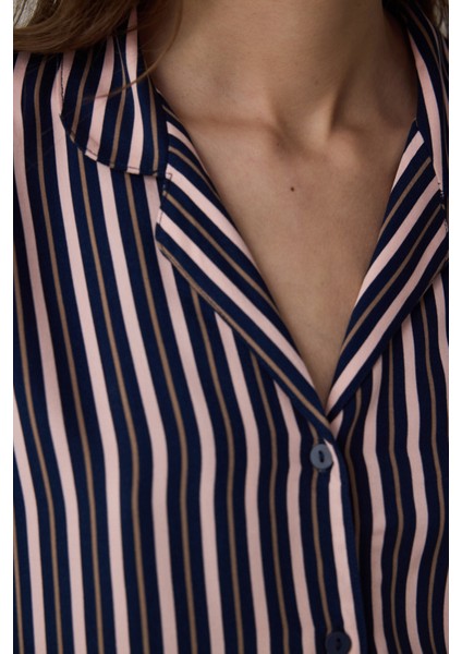 Lacivert Çizgili Gömlek Yaka Uzun Kollu Pijama Takımı modelleri
