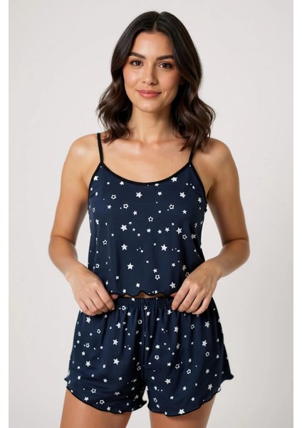 Yıldız Desenli Lacivert Şortlu Pijama Takımı