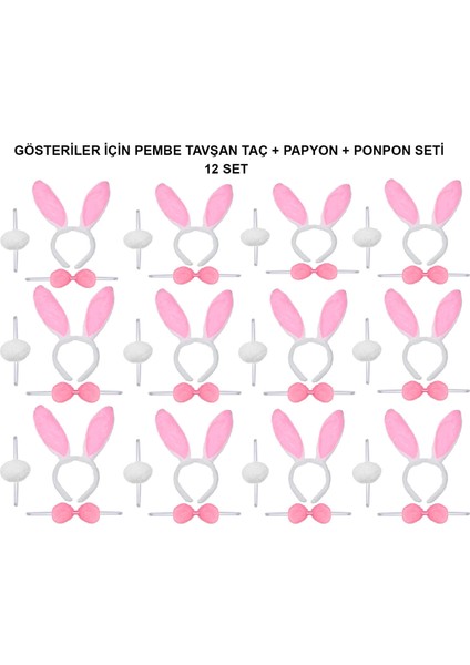 Pembe Tavşan Kostüm Seti – Taç, Papyon, Ponpon (12’li Paket)