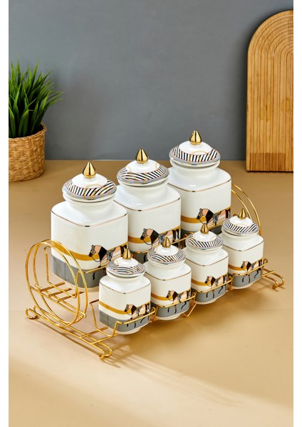 Gold Standlı 7'li Lüks Porselen Baharatlık Seti – Zebra Desenli