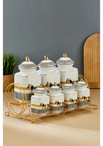 Gold Standlı 7'li Lüks Porselen Baharatlık Seti – Zebra Desenli fiyatları