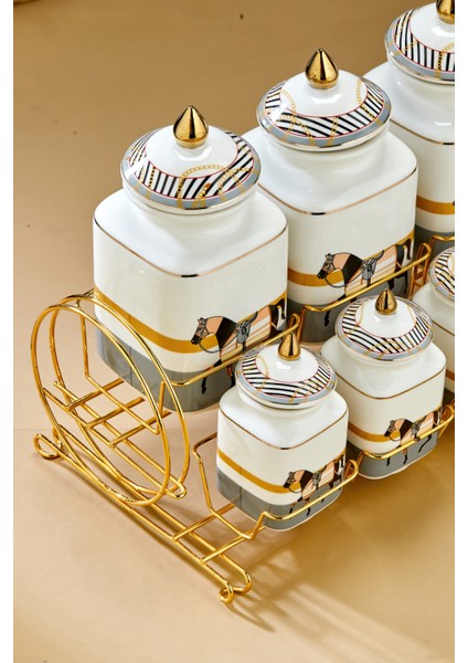 Gold Standlı 7'li Lüks Porselen Baharatlık Seti – Zebra Desenli modelleri