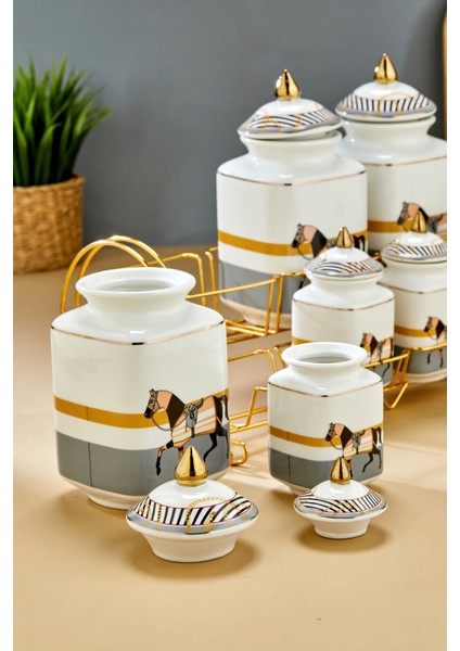 Gold Standlı 7'li Lüks Porselen Baharatlık Seti – Zebra Desenli fırsatları