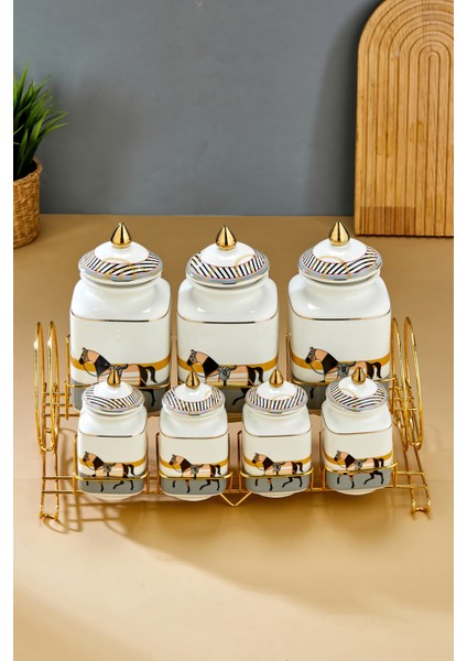 Gold Standlı 7'li Lüks Porselen Baharatlık Seti – Zebra Desenli indirimleri