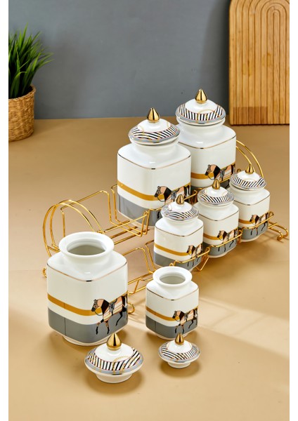 Gold Standlı 7'li Lüks Porselen Baharatlık Seti – Zebra Desenli