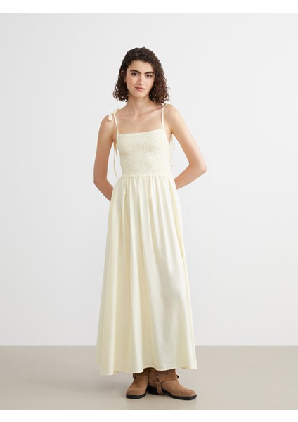 Yeni Sezon Kare Yaka Keten Karışımlı Elbise