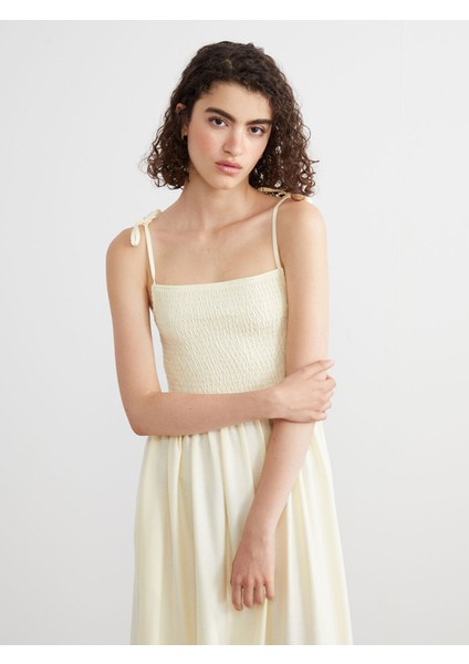 Yeni Sezon Kare Yaka Keten Karışımlı Elbise fiyatları