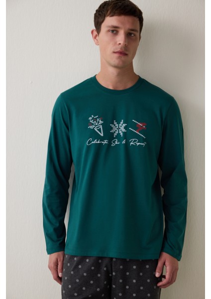 Yeşil Erkek Bisiklet Yaka Ekoseli Pamuklu Pijama Takımı fiyatları