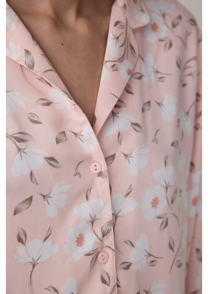 Açık Pembe Ellie Çiçekli Gömlek Yaka Uzun Kol Pijama Takımı modelleri