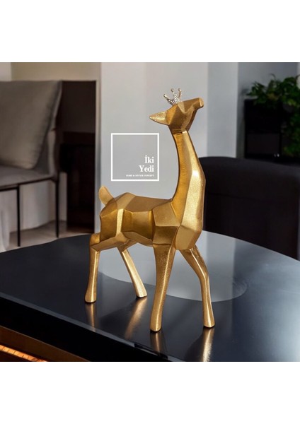 Ferran Gold Geometrik Geyik Biblo Modern Taçlı Dekoratif Obje Ev ve Ofis Heykel Hediyelik Eşyalar