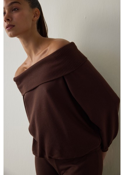 Kahverengi Uzun Kollu Rahat Kesim Kayık Yaka Üst fiyatları