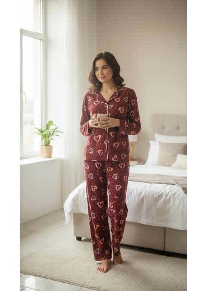 Kalp Desenli Önden Düğmeli Polar Pijama Takımı