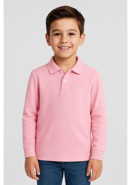 Çocuk Unisex Uzun Kollu Polo Yaka Tshirt Pembe Okul 6-9 Yaş