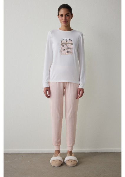 Çizgili Sleep Time Bisiklet Yaka Uzun Kollu Pijama Takımı