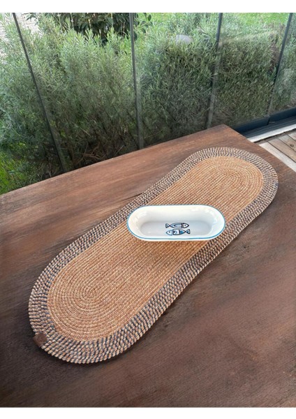 Modern Dokulu Mavi/natural Oval Runner – Masa Üstü Dekor 35 x 100 cm