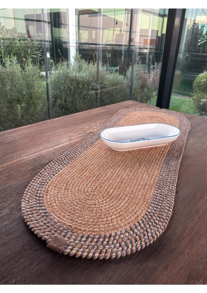 Modern Dokulu Mavi/natural Oval Runner – Masa Üstü Dekor 35 x 100 cm modelleri