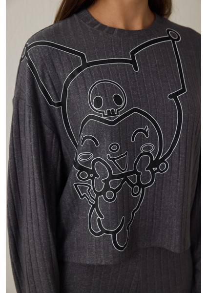 Antrasit Kuromi Baskılı Kayık Yaka Uzun Kollu Pijama Takımı fiyatları