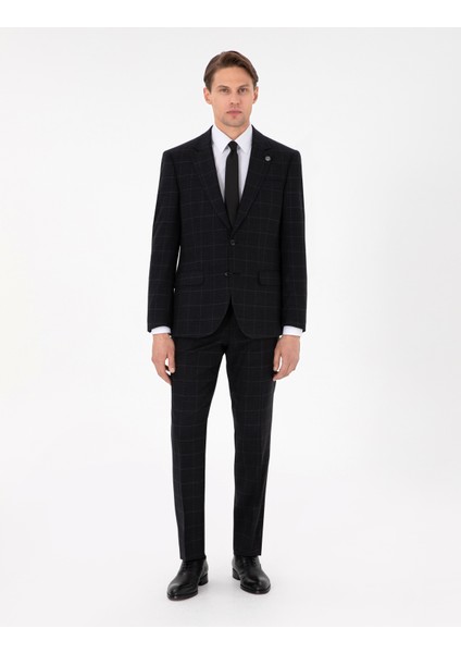 Erkek Siyah Slim Fit Ekose Yünlü Takım Elbise 50291964-VR046