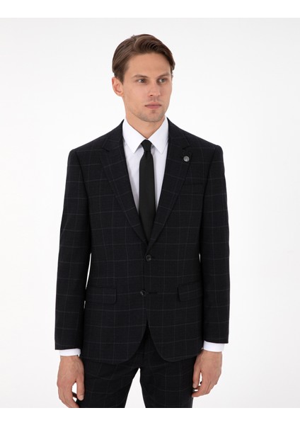 Erkek Siyah Slim Fit Ekose Yünlü Takım Elbise 50291964-VR046 modelleri