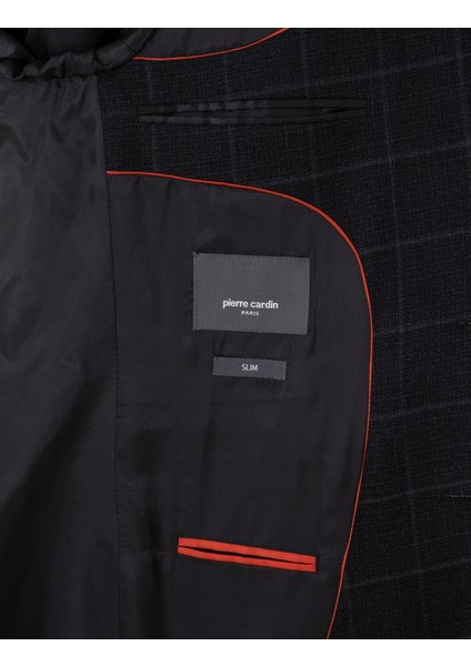 Erkek Siyah Slim Fit Ekose Yünlü Takım Elbise 50291964-VR046