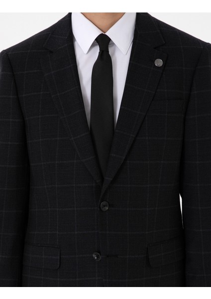 Erkek Siyah Slim Fit Ekose Yünlü Takım Elbise 50291964-VR046