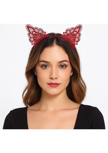 Dantelli Kırmızı Kedi Tacı - Vintage Tarz Dantel Kedi Kulak