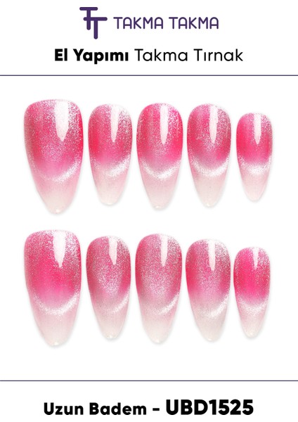 10'lu Pembe Uzun Badem UBD1525 Tekrar Kullanılabilir El Yapımı Protez Takma Tırnak Pembe-Xs