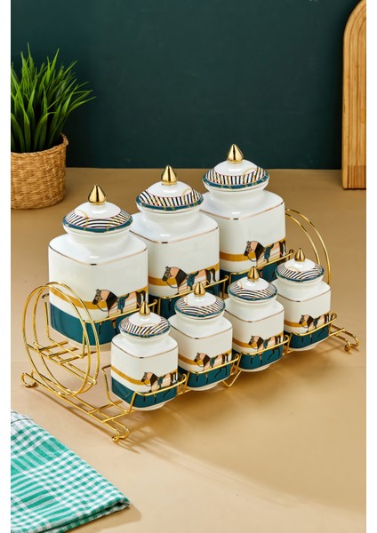 Gold Standlı 7'li Lüks Porselen Baharatlık Seti – Zebra Desenli
